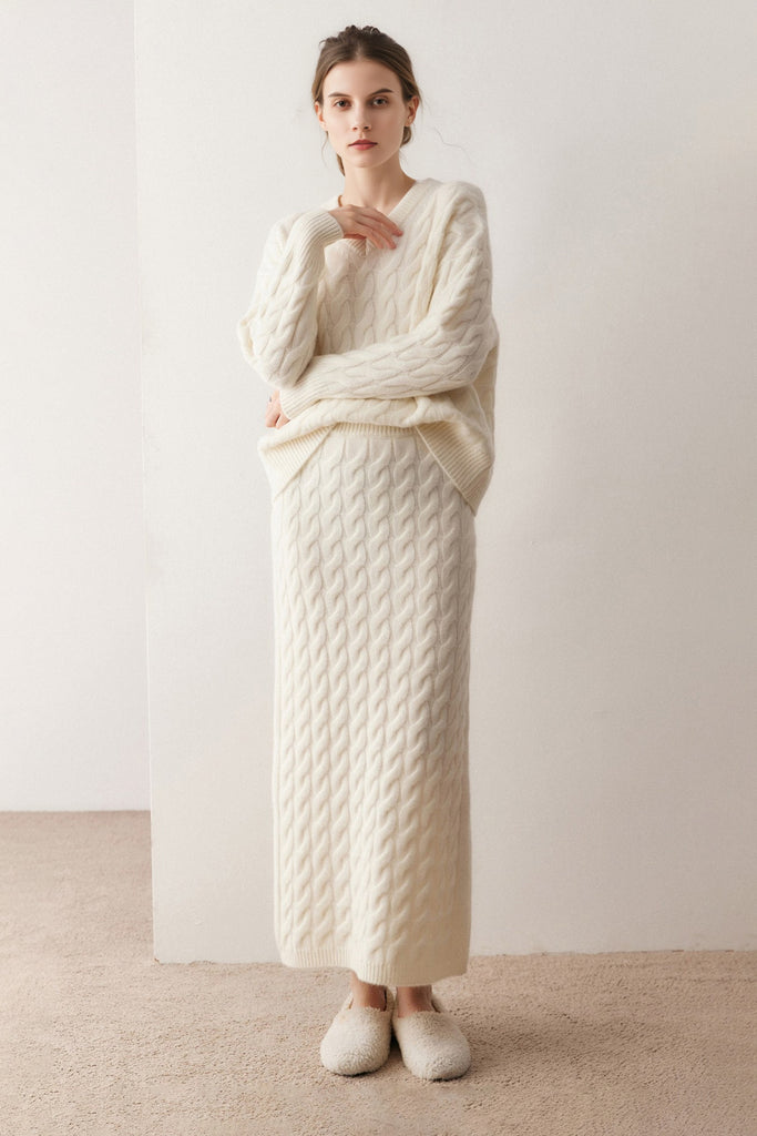 Ultrasoft Cashmere-Merino Cable Knit Maxi Sweater Skirt  Fibflx