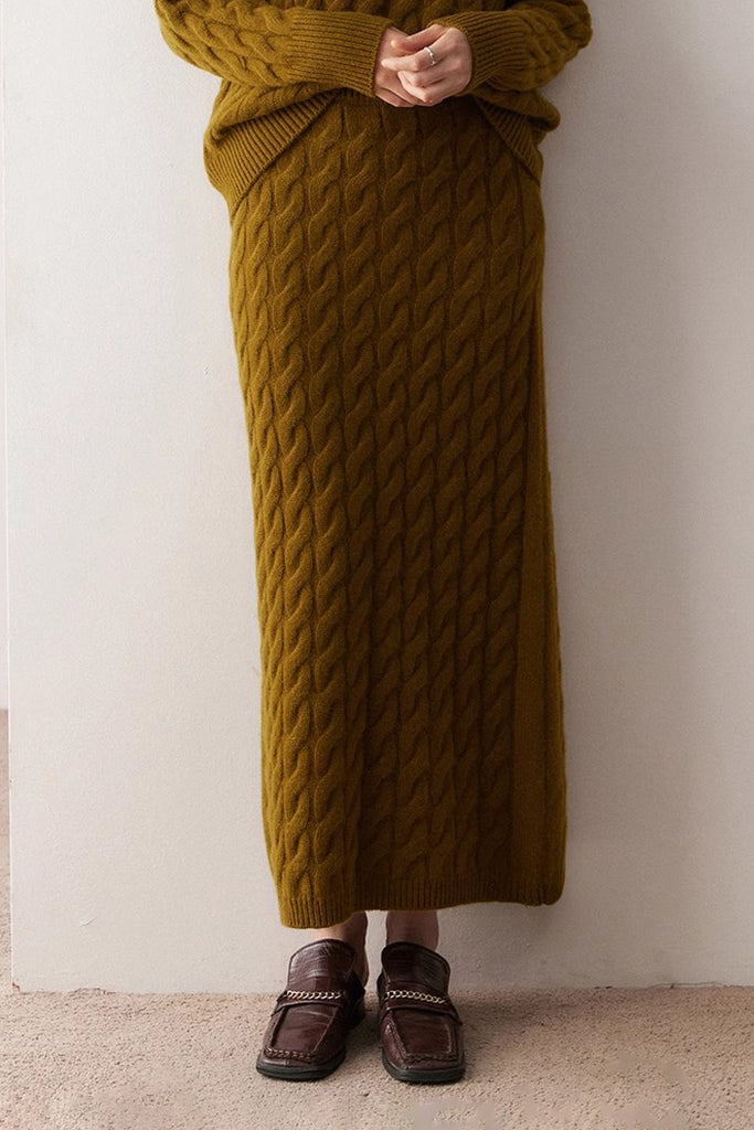 Ultrasoft Cashmere-Merino Cable Knit Maxi Sweater Skirt  Fibflx