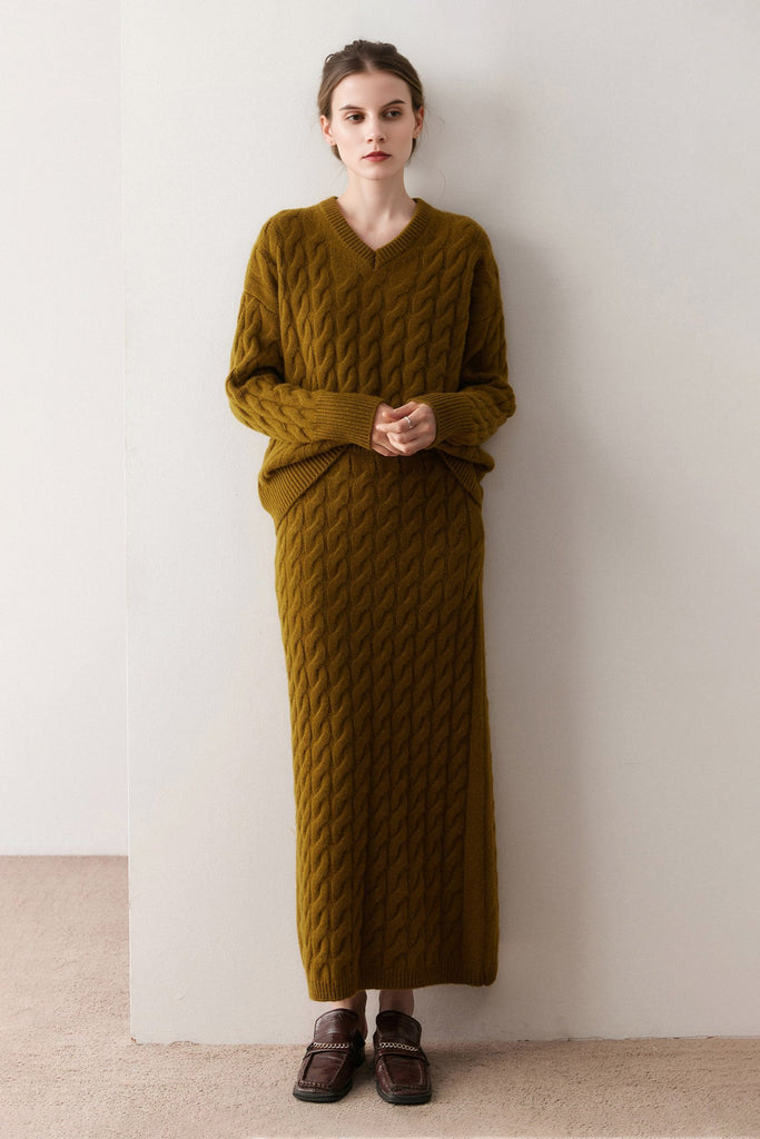 Ultrasoft Cashmere-Merino Cable Knit Maxi Sweater Skirt  Fibflx