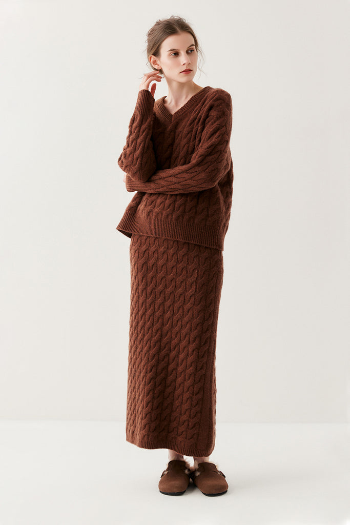 Ultrasoft Cashmere-Merino Cable Knit V-Neck Sweater  Fibflx