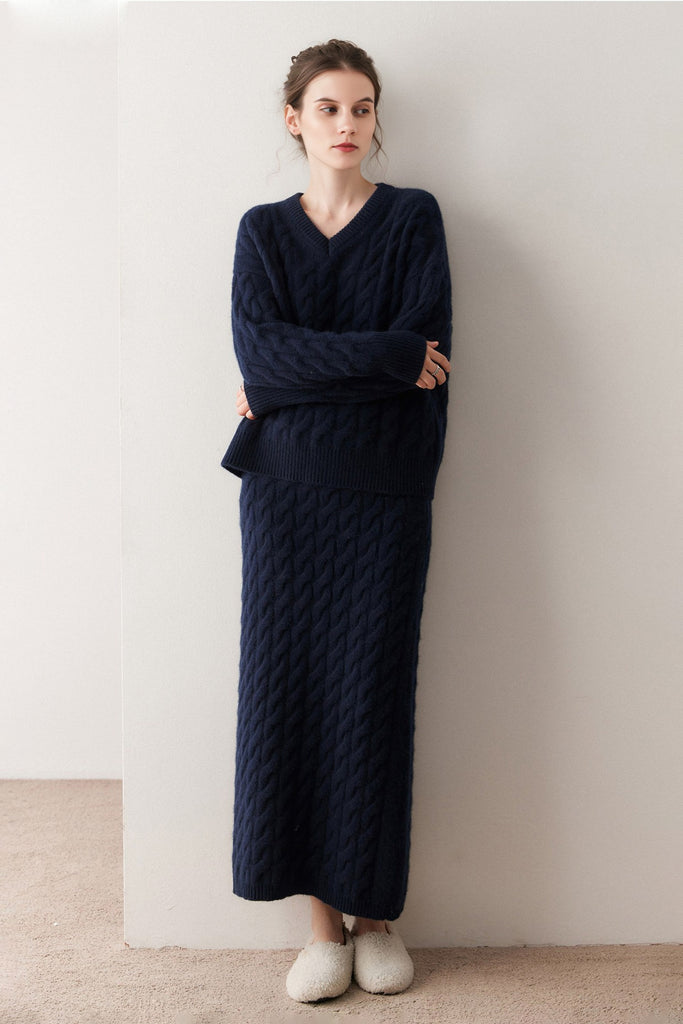 Ultrasoft Cashmere-Merino Cable Knit V-Neck Sweater  Fibflx