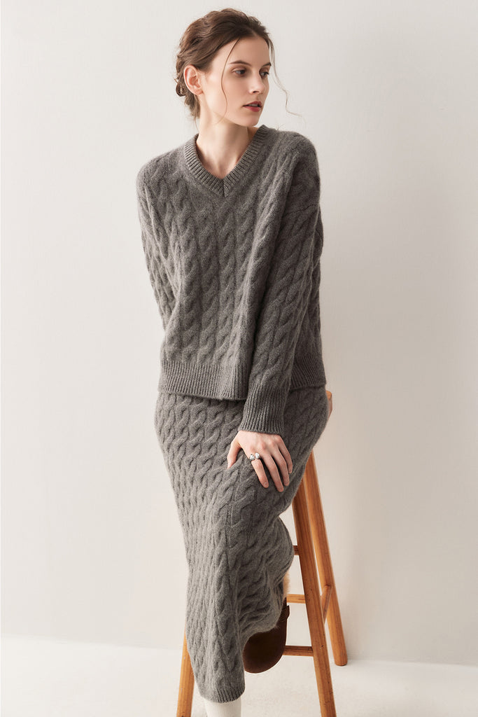 Ultrasoft Cashmere-Merino Cable Knit V-Neck Sweater  Fibflx