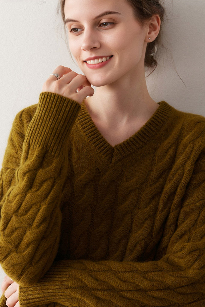 Ultrasoft Cashmere-Merino Cable Knit V-Neck Sweater  Fibflx