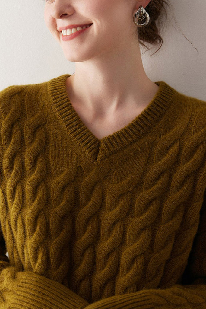 Ultrasoft Cashmere-Merino Cable Knit V-Neck Sweater  Fibflx