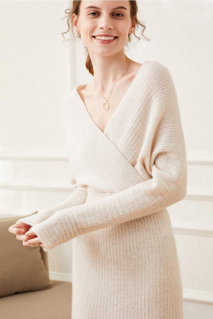 Ultrasoft Cashmere-Wool Long Sleeve Wrap Sweater Dress  Fibflx