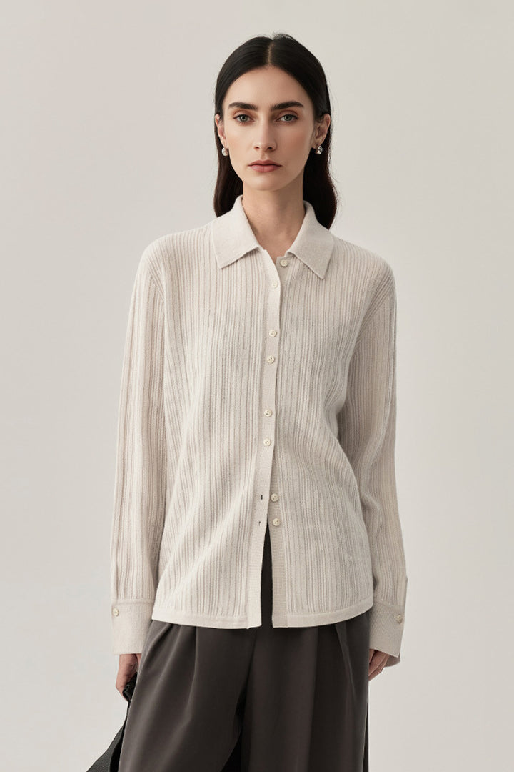 Ultrasoft Ribbed Wool Knit Button-Up Shirt Off White / M Fibflx