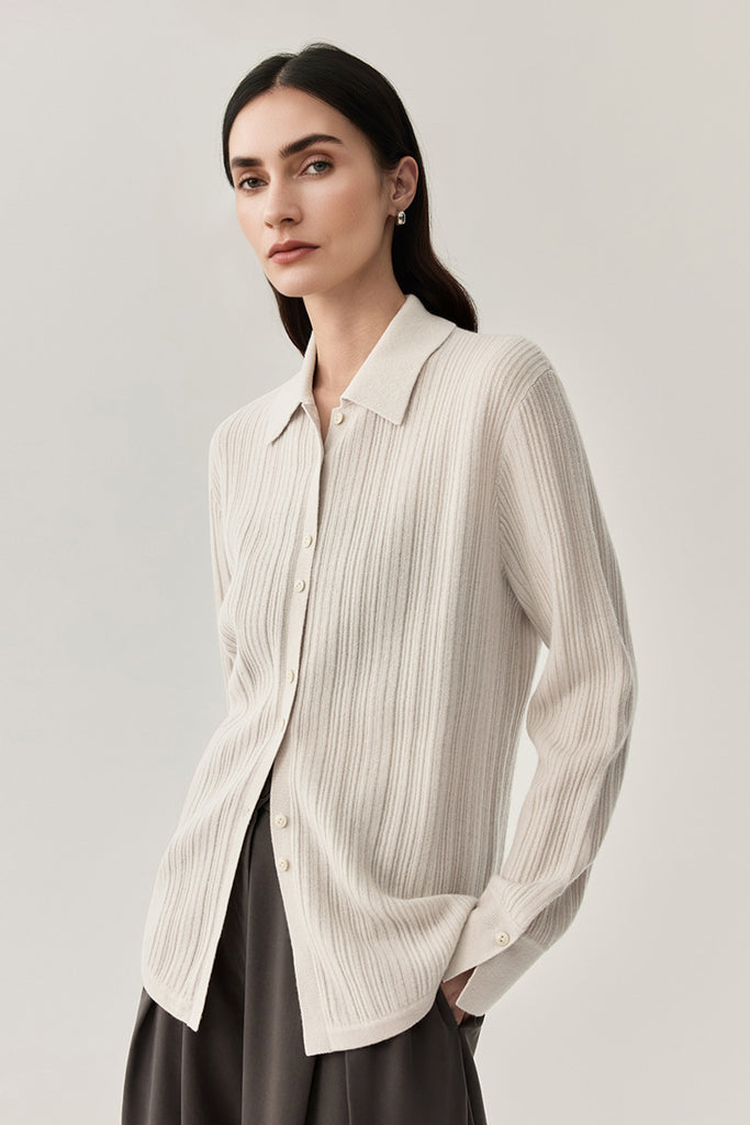 Ultrasoft Ribbed Wool Knit Button-Up Shirt  Fibflx