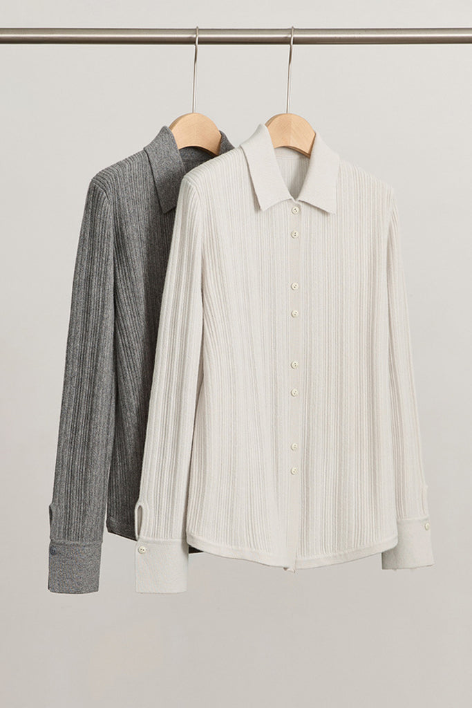 Ultrasoft Ribbed Wool Knit Button-Up Shirt  Fibflx