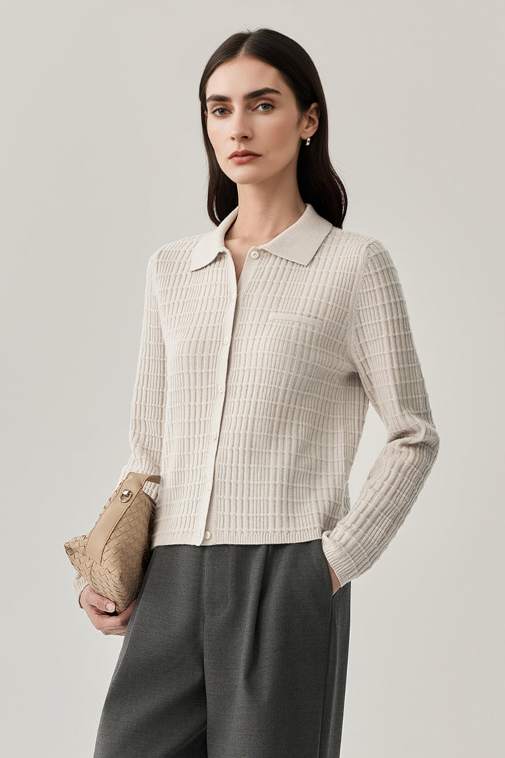 Ultrasoft Textured Wool Button-Up Polo Cardigan Off White / M Fibflx