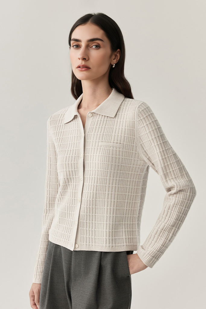 Ultrasoft Textured Wool Button-Up Polo Cardigan  Fibflx