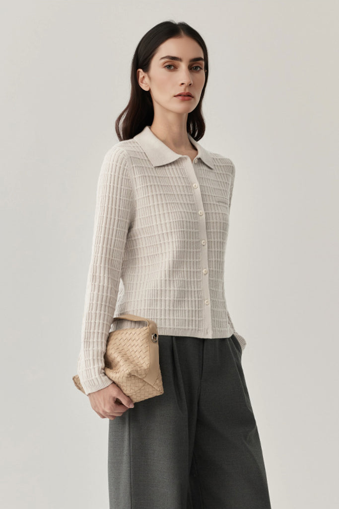 Ultrasoft Textured Wool Button-Up Polo Cardigan  Fibflx