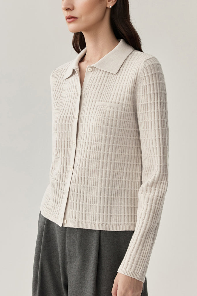 Ultrasoft Textured Wool Button-Up Polo Cardigan  Fibflx