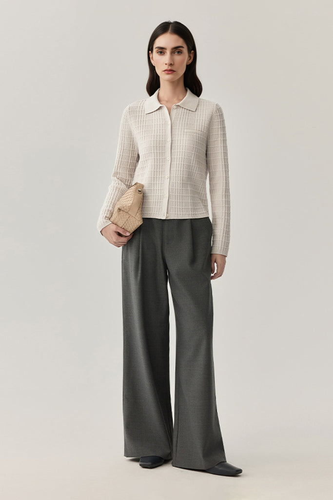 Ultrasoft Textured Wool Button-Up Polo Cardigan  Fibflx