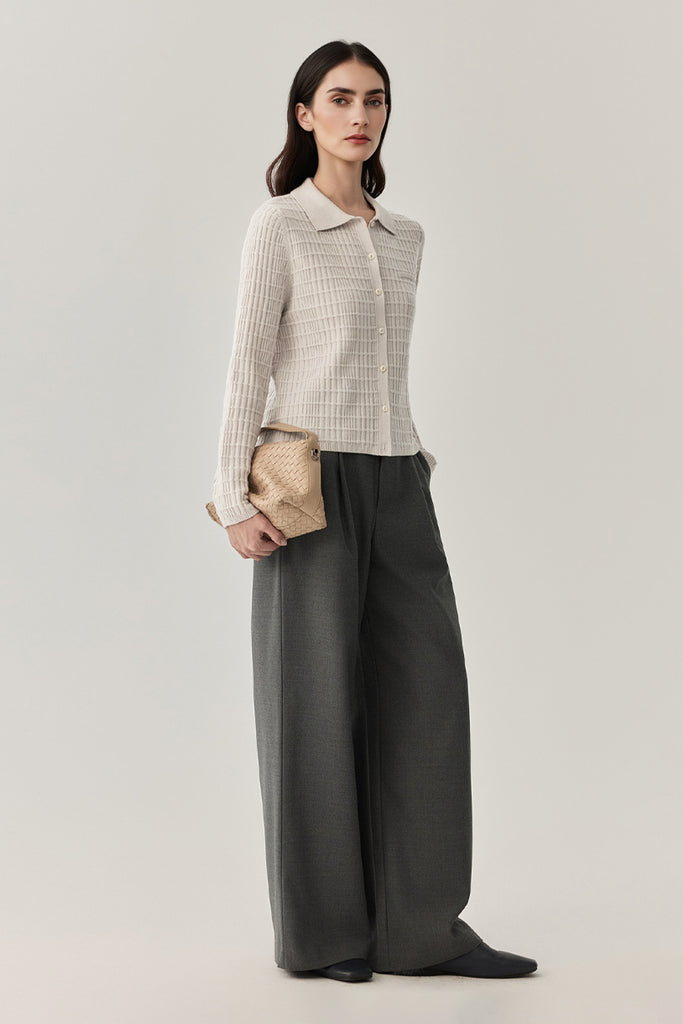 Ultrasoft Textured Wool Button-Up Polo Cardigan  Fibflx