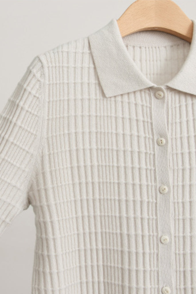Ultrasoft Textured Wool Button-Up Polo Cardigan  Fibflx