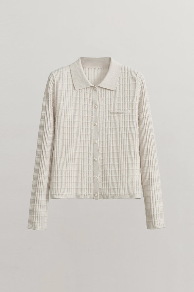 Ultrasoft Textured Wool Button-Up Polo Cardigan  Fibflx