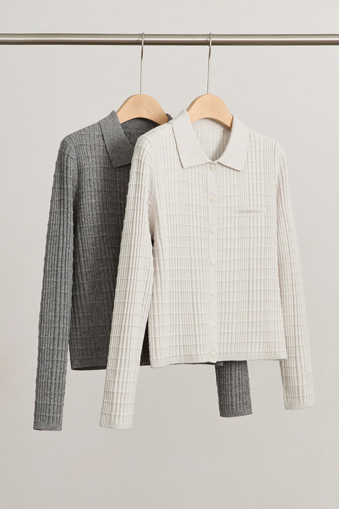 Ultrasoft Textured Wool Button-Up Polo Cardigan  Fibflx