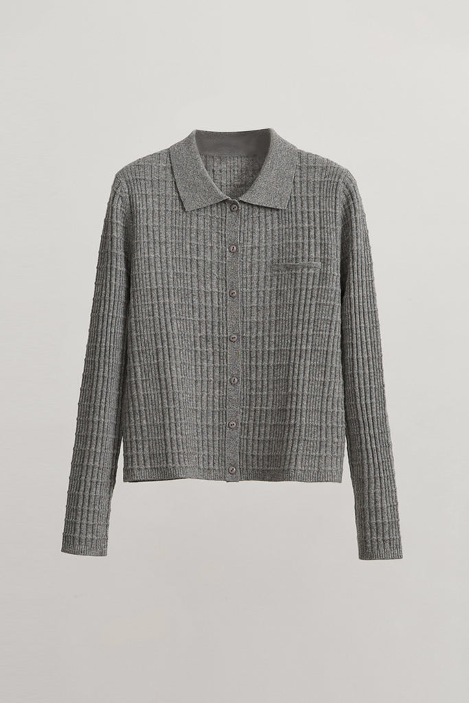 Ultrasoft Textured Wool Button-Up Polo Cardigan Stepping Stone Grey / M Fibflx