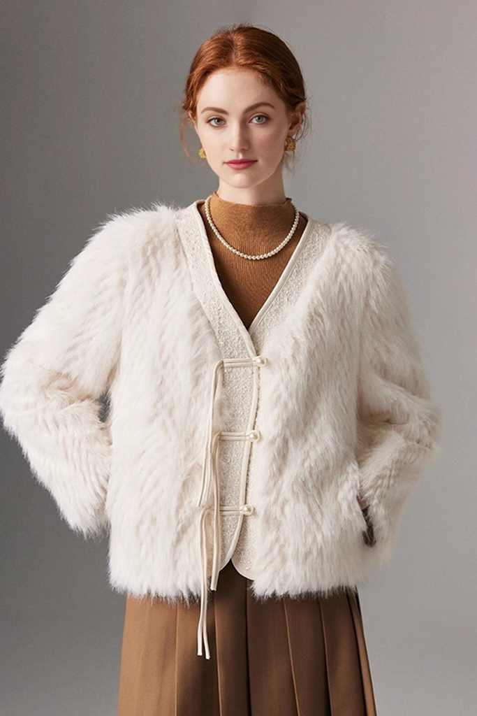 Fibflx Women's V-neck Faux Fox Fur Collarless Jacket with Pearl Button