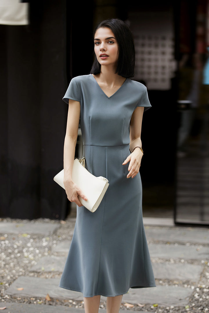 V-Neck Mermaid Midi Dress in Triacetate S / Oatmeal Beige / 70% Triacetate 30% Polyester