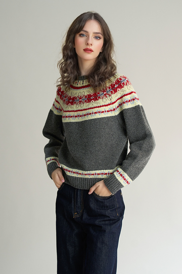 Fibflx Women's Vintage 100 Wool Fair Isle Crewneck Sweater