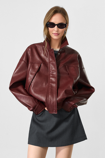 Fibflx Women's Vintage Burgundy Faux Leather Bomber Jacket