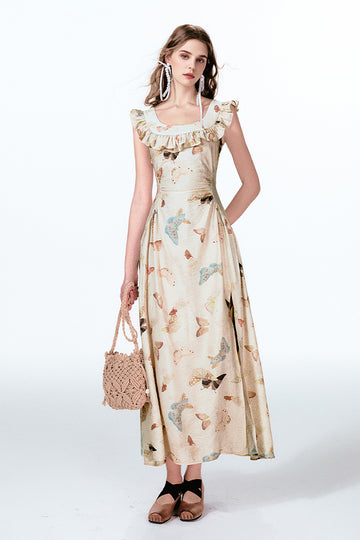 Vintage Butterfly Fit & Flare Ruffle Maxi Dress - Fibflx