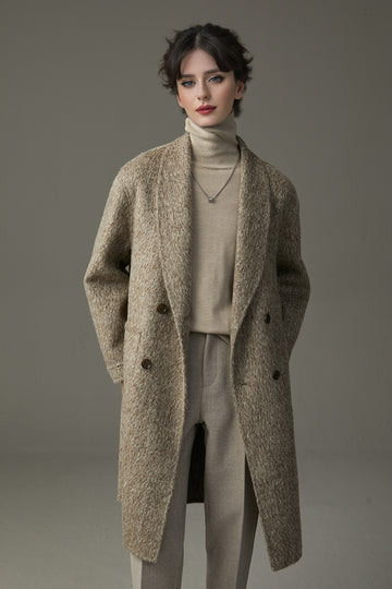 Fibflx Women's Vintage Chic Shawl Lapel Oversized Double Breasted Mohair Wool Coat