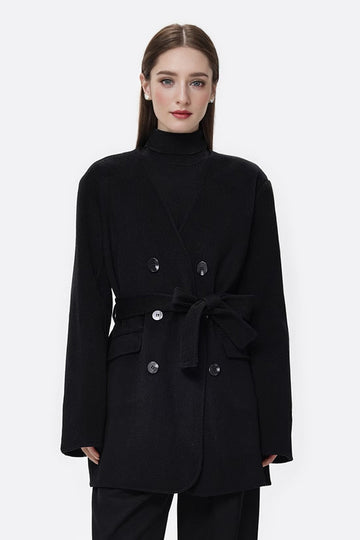 Fibflx Women's Vintage Collarless Double Breasted Black 100 Wool Peacoat with Belt