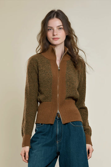 Fibflx Women's Vintage Color-Block Double-Zip Cardigan with Stand Collar