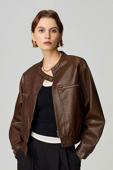 Fibflx Women's Vintage Cropped Faux Leather Bomber Jacket