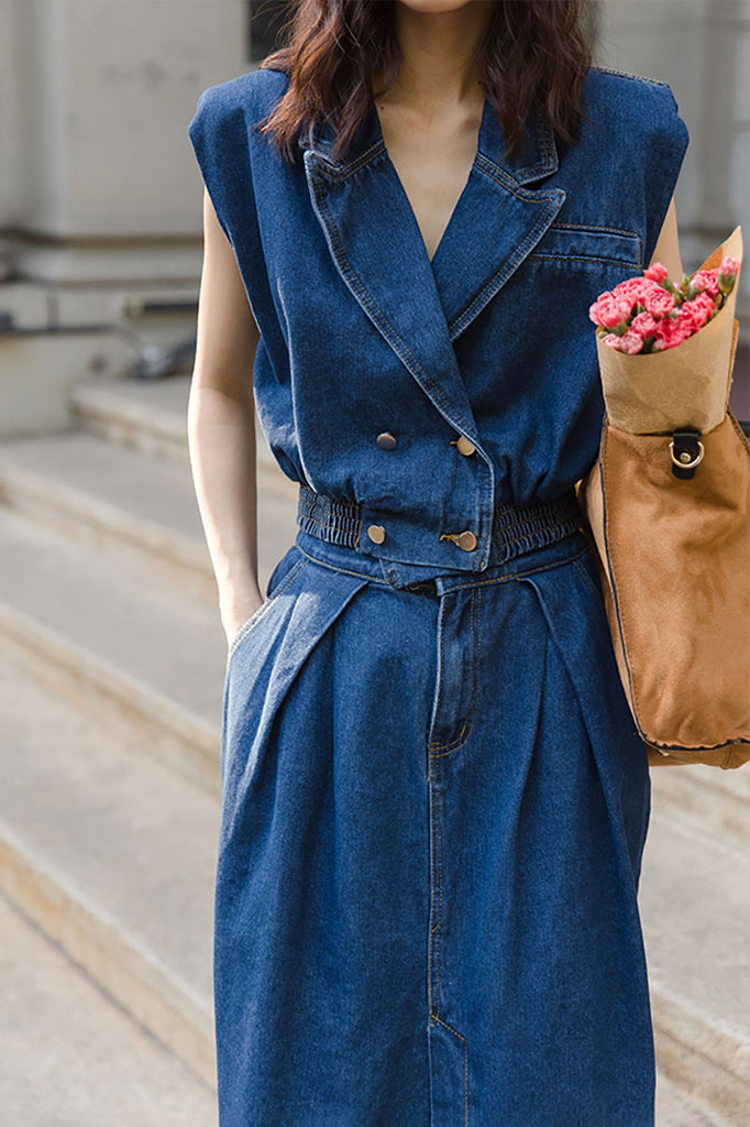 Vintage Denim Bomber Vest & Denim Slit Front Midi Skirt - Denim Set  Fibflx