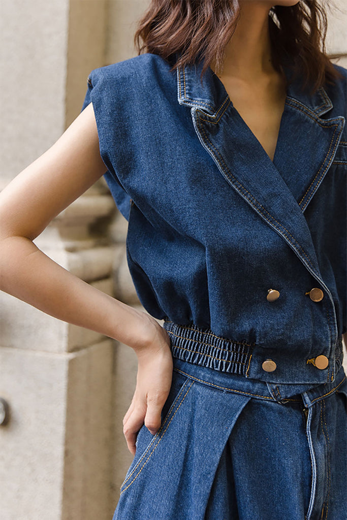 Vintage Denim Bomber Vest & Denim Slit Front Midi Skirt - Denim Set  Fibflx