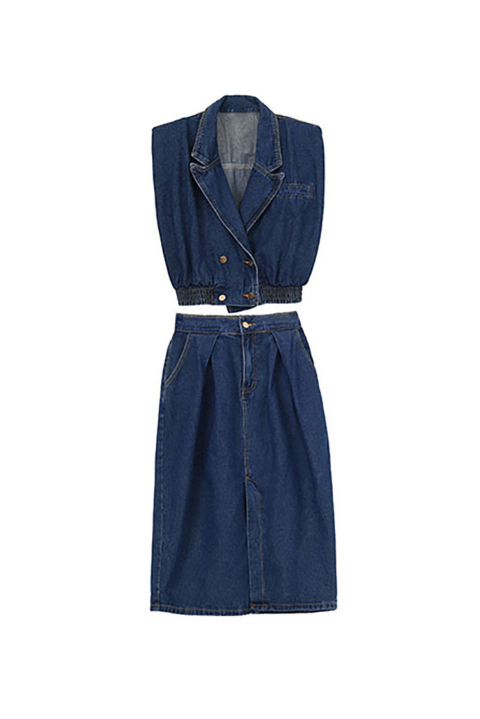 Vintage Denim Bomber Vest & Denim Slit Front Midi Skirt - Denim Set  Fibflx