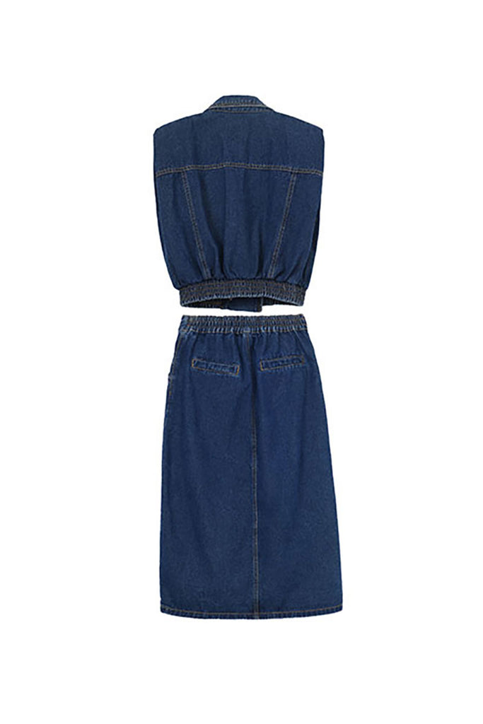 Vintage Denim Bomber Vest & Denim Slit Front Midi Skirt - Denim Set  Fibflx