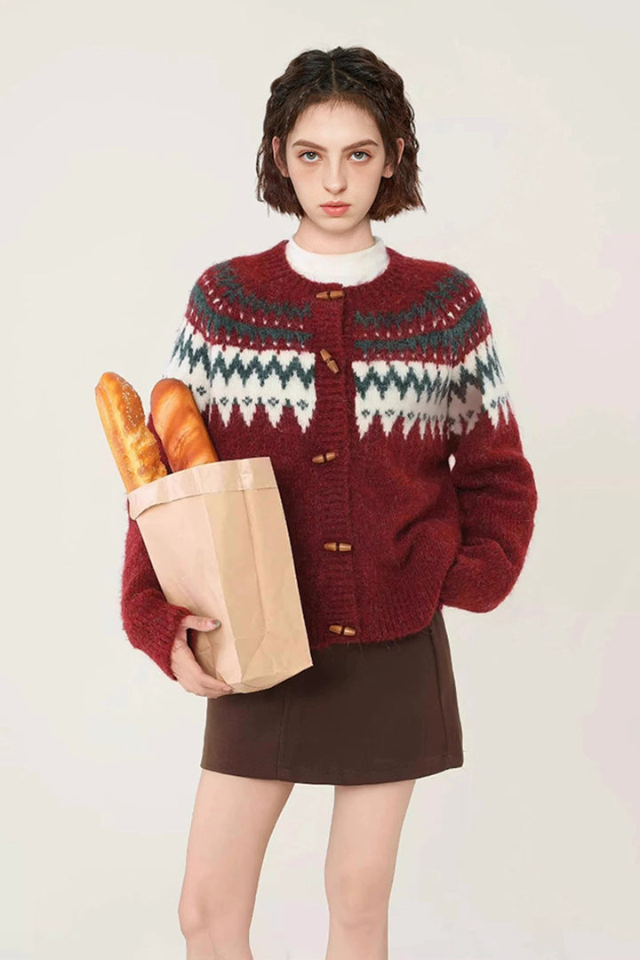 Vintage Fair Isle Toggle Knit Cardigan in Red  Fibflx