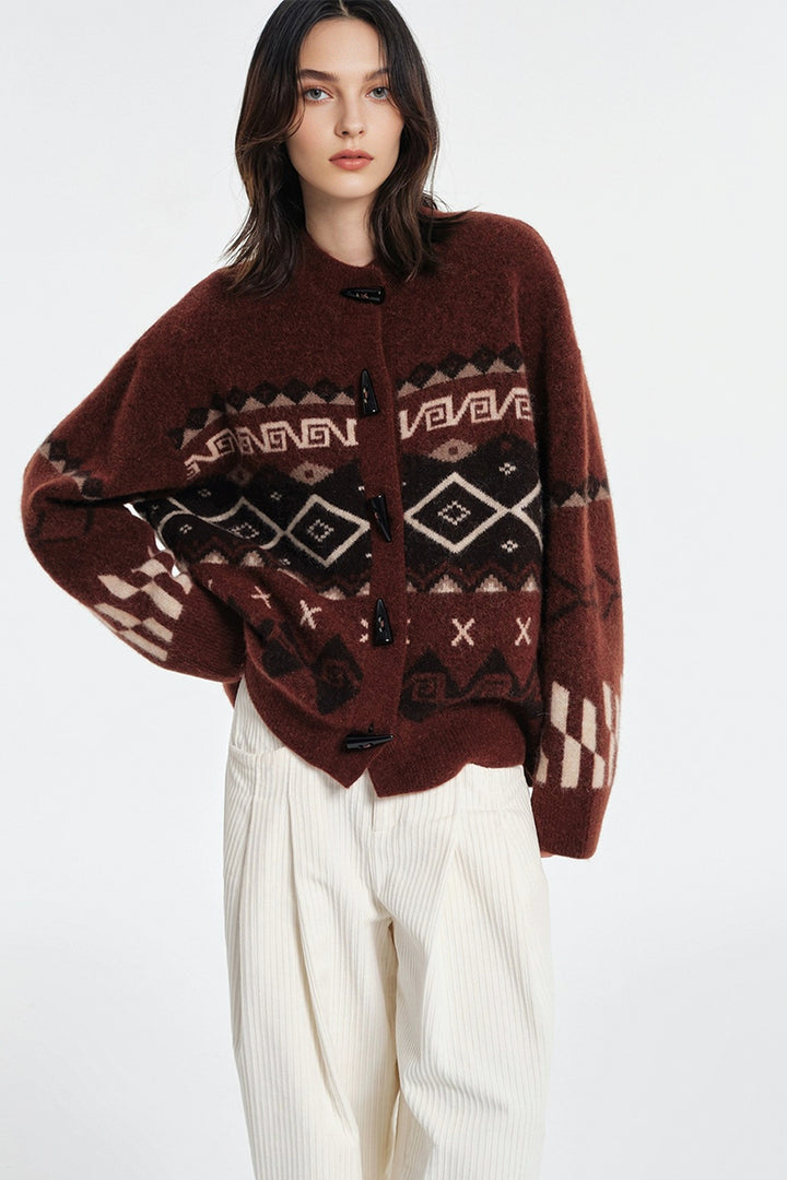 Vintage Fair Isle Toggle Knit Crewneck Cardigan  Fibflx
