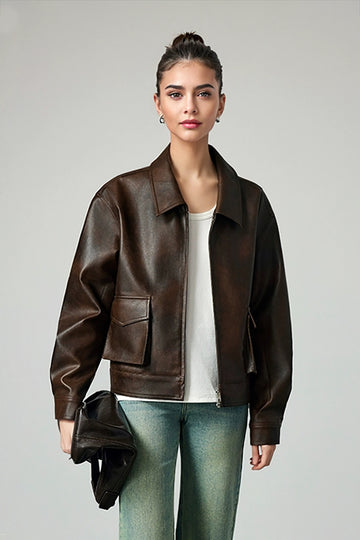 Fibflx Women's Vintage Faux Leather Boxy Utility Jacket in Brown