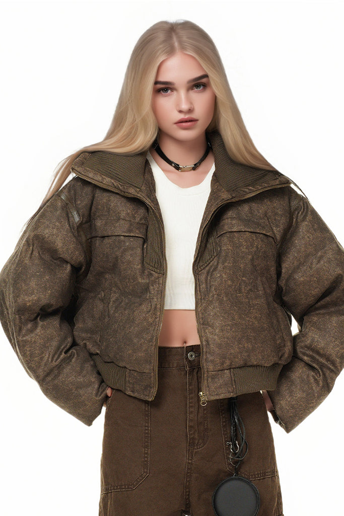 Fibflx Women's Vintage Faux Leather Funnel-Neck Puffer Bomber Jacket