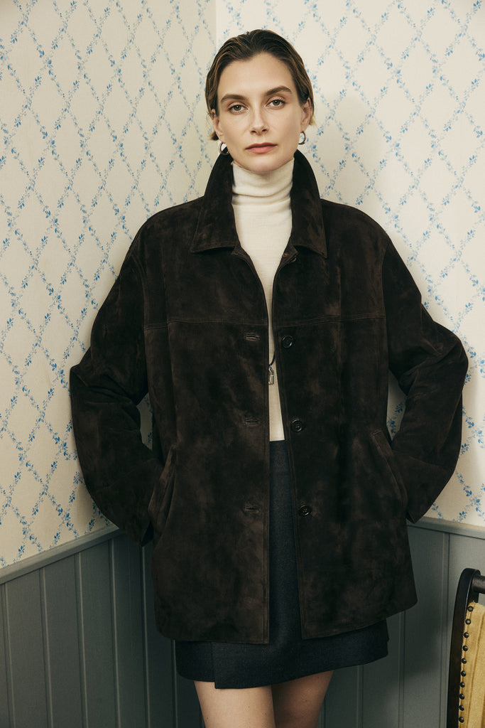 Vintage Suede Texture Button-Up Shirt Jacket  Fibflx