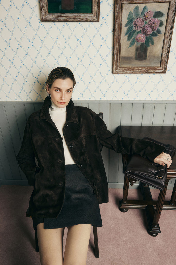 Vintage Suede Texture Button-Up Shirt Jacket  Fibflx