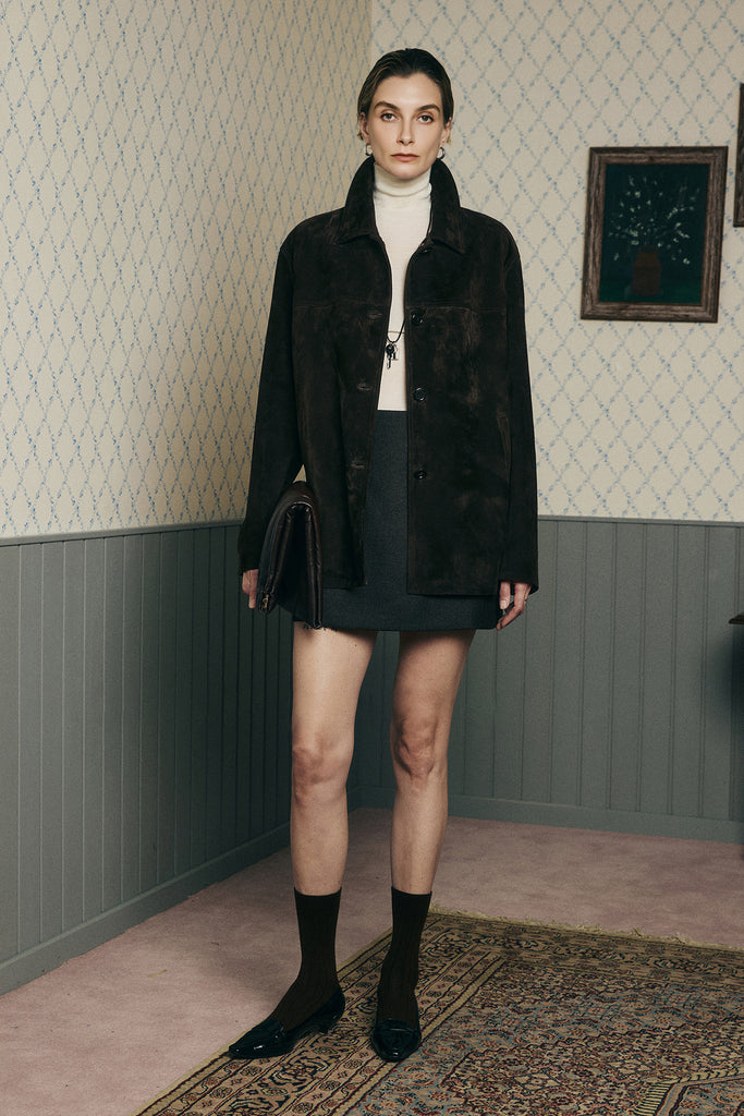 Vintage Suede Texture Button-Up Shirt Jacket  Fibflx