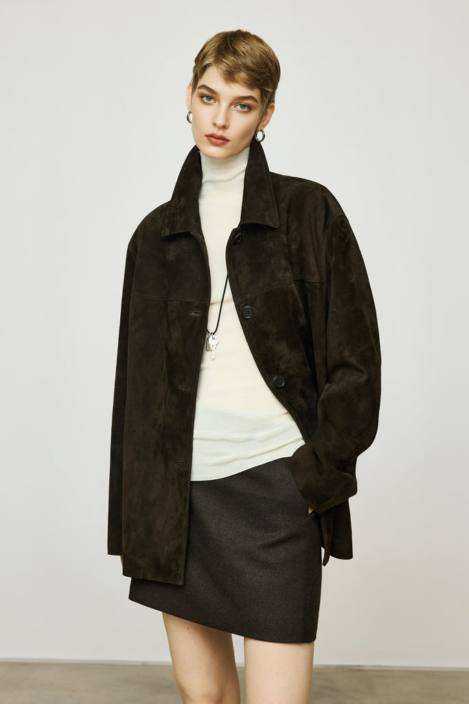 Vintage Suede Texture Button-Up Shirt Jacket  Fibflx