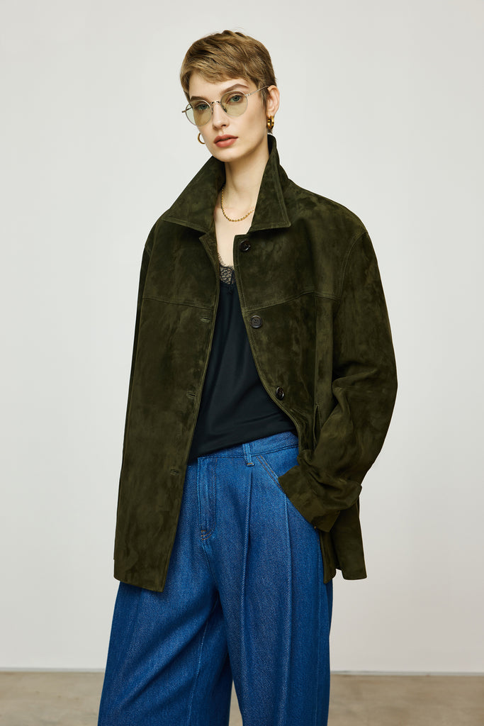 Vintage Suede Texture Button-Up Shirt Jacket  Fibflx