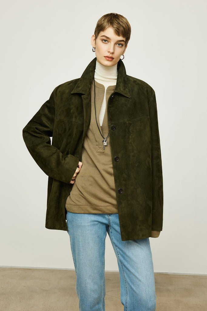 Vintage Suede Texture Button-Up Shirt Jacket  Fibflx