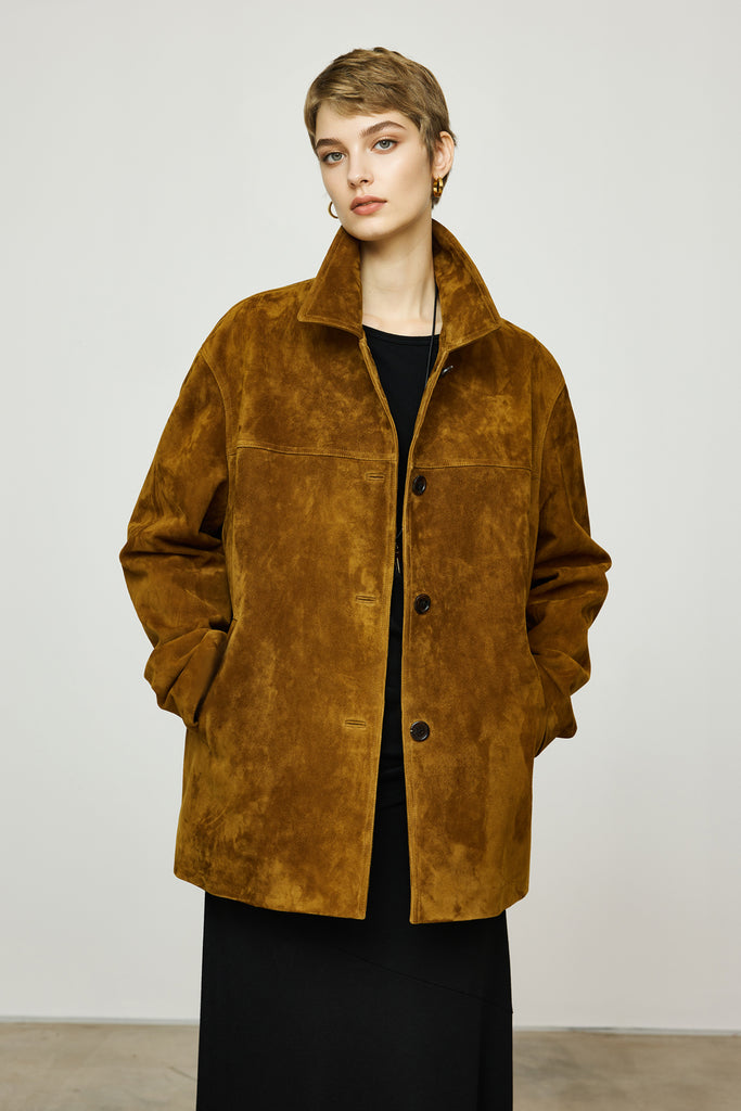 Vintage Faux Suede Button-Up Shirt Jacket Desert Sunset Gold / L / 80% Recycled Polyester 20 Fibflx