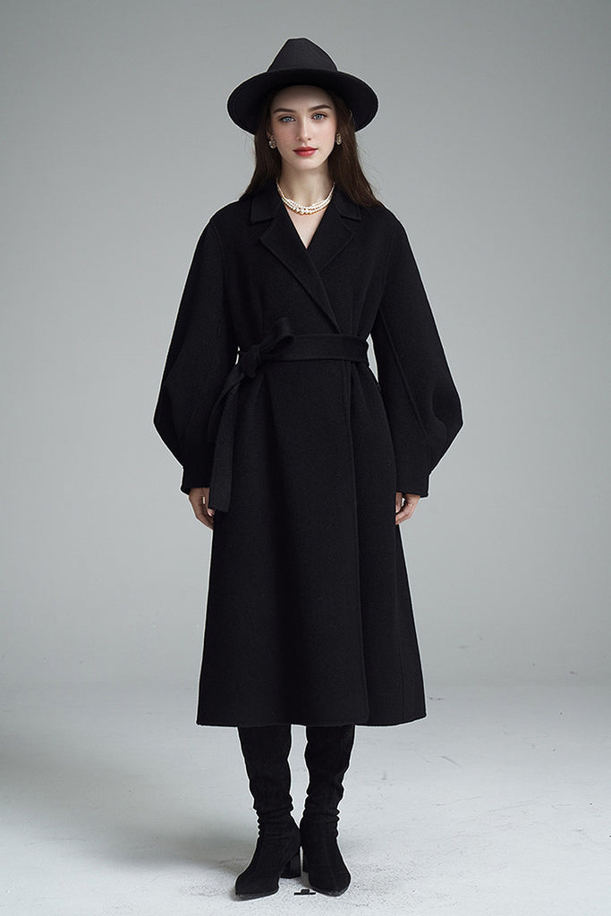 Fibflx Women's Vintage Hepburn-Style Black Wool Coat with Flared Sleeves