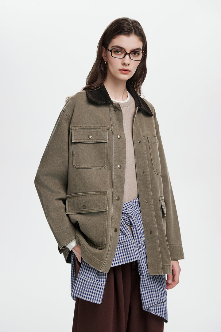 Vintage-Inspired Denim Oversized Barn Jacket with Contrast Collar Ash Olive Denim / L Fibflx