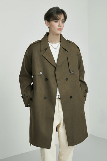 Fibflx Women's Vintage Oversized Double Breasted Mid Length Trench Coat with Belt