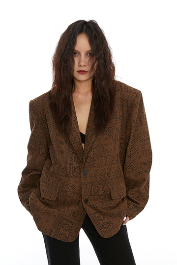 Fibflx Women's Vintage Print Brown Blazer